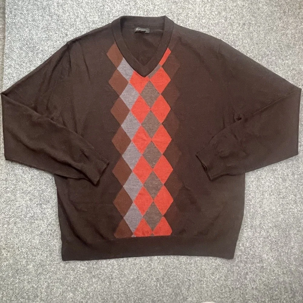 John W. Nordstrom Sweater Mens XL Brown Argyle Extra Fine Merino Wool V-Neck